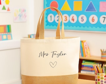 Personalized Teacher Tote Bag – Handmade Jute, Heart Design