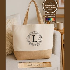 Bolsa Tote Personalizada com Monograma Floral: Grande, em Lona Bordada e Juta