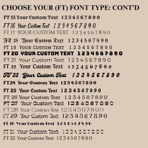 Op de afbeelding: Een beige achtergrond toont verschillende lettertypen en -groottes. De tekst luidt "CHOOSE YOUR (FT) FONT TYPE: CONT'D", gevolgd door voorbeelden van verschillende lettertypen, elk met de tekst "Your Custom Text" en de cijfers 1234567890.