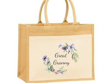 Personalized Floral Wreath Jute Bag – Great Granny Gift Tote