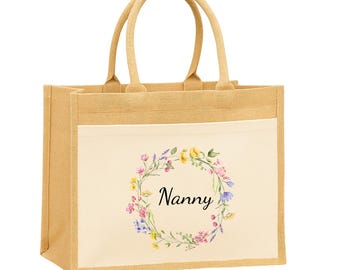 Personalized Floral Wreath Jute Bag - Custom Nanny Tote