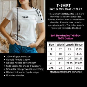 May include: A white t-shirt with a size chart showing measurements in inches. The chart details width, length, and sleeve dimensions. The tee is made from 100% ringspun cotton and features a double needle sleeve and hem.