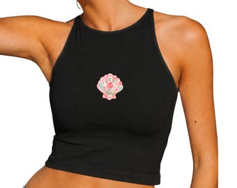 Gepersonaliseerde zeedier crop top, schelp dolfijn schildpad krab vest print, dames zomer tanktop, strandvakantie outfit, cadeau voor vrouwen