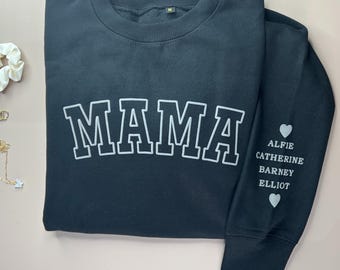 Personalized Mama Sweatshirt – Kids Names on Sleeve, Custom Mom Gift