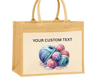 Personalized Crochet Jute Tote Bag, Knitting Project Storage