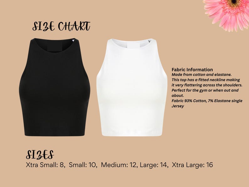 Op de afbeelding: Twee nauwsluitende crop tops, &eacute;&eacute;n zwart en &eacute;&eacute;n wit, weergegeven met een maattabel. Maten vari&euml;ren van Xtra Small tot Xtra Large. De stof is gemaakt van katoen en elastaan, zoals aangegeven.