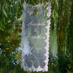 Laced Sheer Fabric Wedding Welcome Sign, Personalized Wedding Welcome Sign, Fabric Sign, Custom Wedding Signs, Lace Sign, Lace Wedding Sign