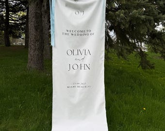 Benutzerdefinierte Hochzeit Stoff Zeichen, Leinen Hochzeit Willkommensschild, moderne Hochzeit im Freien Banner, personalisierte Hochzeitsdekoration, Verlobungsfeier Zeichen