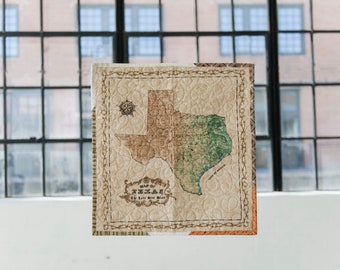 Texas Antique Map Wall Hanging Mini Art Quilt