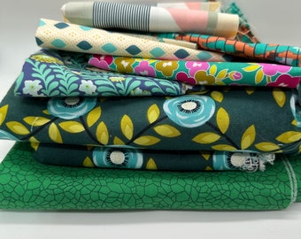 Green teal fabrics scraps for quilting, sewing, fun art