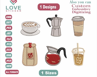 Puede incluir: Conjunto de cinco diseños de bordado con temática de café, que incluyen una taza de café, una cafetera, una bolsa de café y dos estilos diferentes de vasos de café para llevar. Los diseños están disponibles en varios formatos, incluidos EMB, DST, PES, JEF, VP3, PCS, XXX, DSB, HUS y SEW.