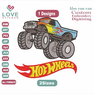 Könnte beinhalten: Stickdatei eines blauen und gelben Monstertrucks mit den Worten "Hot Wheels" in Rot und Gelb. Das Design ist in zwei Größen und in mehreren Formaten erhältlich, darunter EMB, DST, PES, JEF, VP3, PCS, XXX, DSB, HUS und SEW.