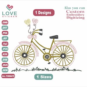 May include: Embroidery design of a bicycle with pink flowers in the basket. The design is available in multiple formats, including EMB, DST, PES, JEF, VP3, PCS, XXX, DSB, HUS, and SEW. The design is also available in one size.