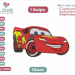 Puede incluir: Coche de dibujos animados rojo con una cara sonriente, 1 diseño, 1 tamaño, Bordado personalizado, .EMB, .DST, .PES, .JEF, .Vp3, .PCS, .XXX, .DSB, .HUS, .SEW, TODOS LOS FORMATOS