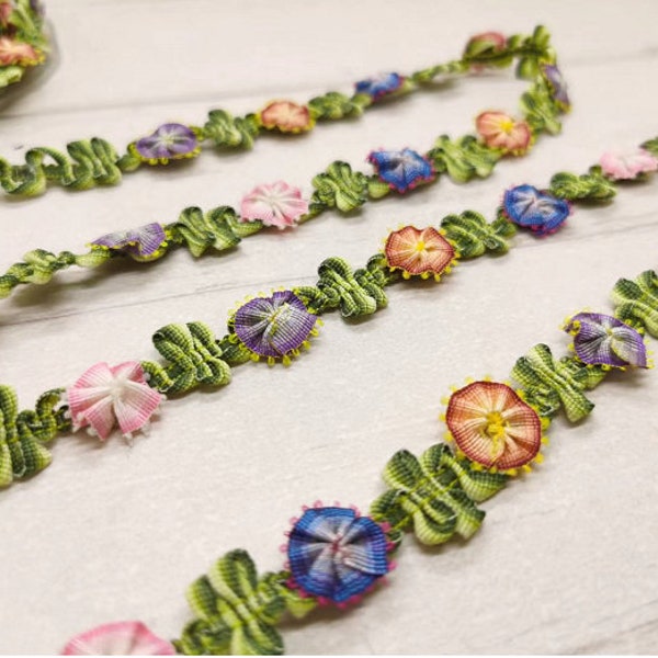 2 Yards Woven Rococo Ribbon Trim with Rose Flower Buds|Decorative Floral Ribbon|Scrapbook Materials|Clothing|Decor|Craft Supplies