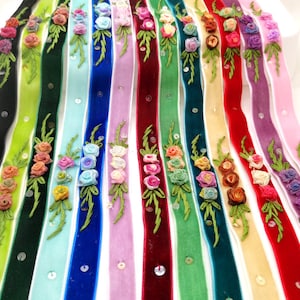 Flower Rose Bud Rococo Velvet Ribbon Trim with Embroidery|Decorative Floral Scrapbook Materials|Clothing|Craft Supplies|Doll Embellishment