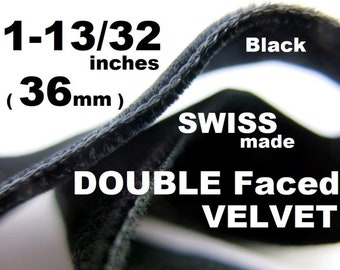 1 yard (1-3/8 inches) 36mm DOUBLE Faced/Side SWISS made VELVET/Velour wide ribbon trim in Black (0.92)meter long