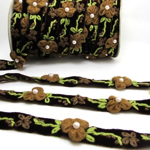 5/8 Inch Brown Embroidered Velvet Ribbon with Felt Flower|Sewing|Quilting|Jewelry Design|Embellishment|Decorative|Acrylic Felt Flower