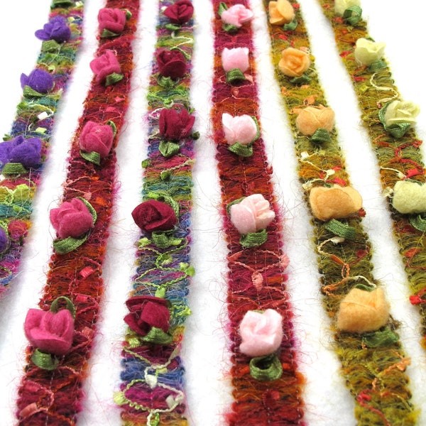 5/8 Inch Acrylic Felt Flowers on Woven Chenille Trim, Lace Trim, Rococo Trim, Costume Vintage Edging Lace Trim, Flower Floral Embellishment