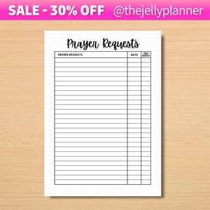 May include: A white paper planner insert with a dot grid background featuring the black text Prayer Requests at the top. The page includes a table with columns labeled Prayer Requests, Date, and Answered, providing rows for written entries.