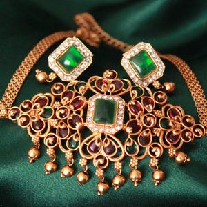 Green & Red Stone Choker Necklace Set | Antique Gold South Indian Jewelry | Kemp Bridal Choker with Earrings | Traditional Temple Jewelry
