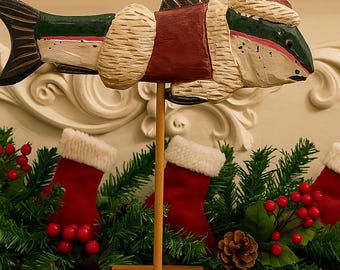 Hand Carved Wooden Santa Fish Figurine – Hand Painted Holiday Trout Décor – Rustic Christmas Cabin Ornament – Unique Christmas Gift