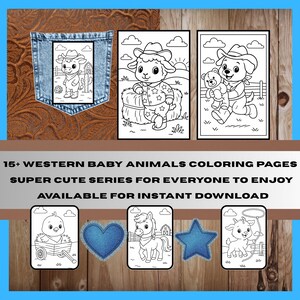 以下が含まれることがあります： ウエスタンをテーマにした赤ちゃん動物の塗り絵。子羊、子犬、ヤギがカウボーイハットをかぶっています。テキストには「15+ WESTERN BABY ANIMALS COLORING PAGES SUPER CUTE SERIES FOR EVERYONE TO ENJOY AVAILABLE FOR INSTANT DOWNLOAD」と書かれています。