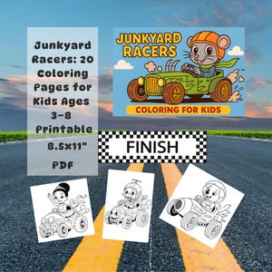 May include: A children's colouring book titled "Junkyard Racers" with 20 colouring pages for ages 3-8. The cover features a cartoon mouse in a race car. Includes printable pages, measuring 21.59 x 27.94 cm.