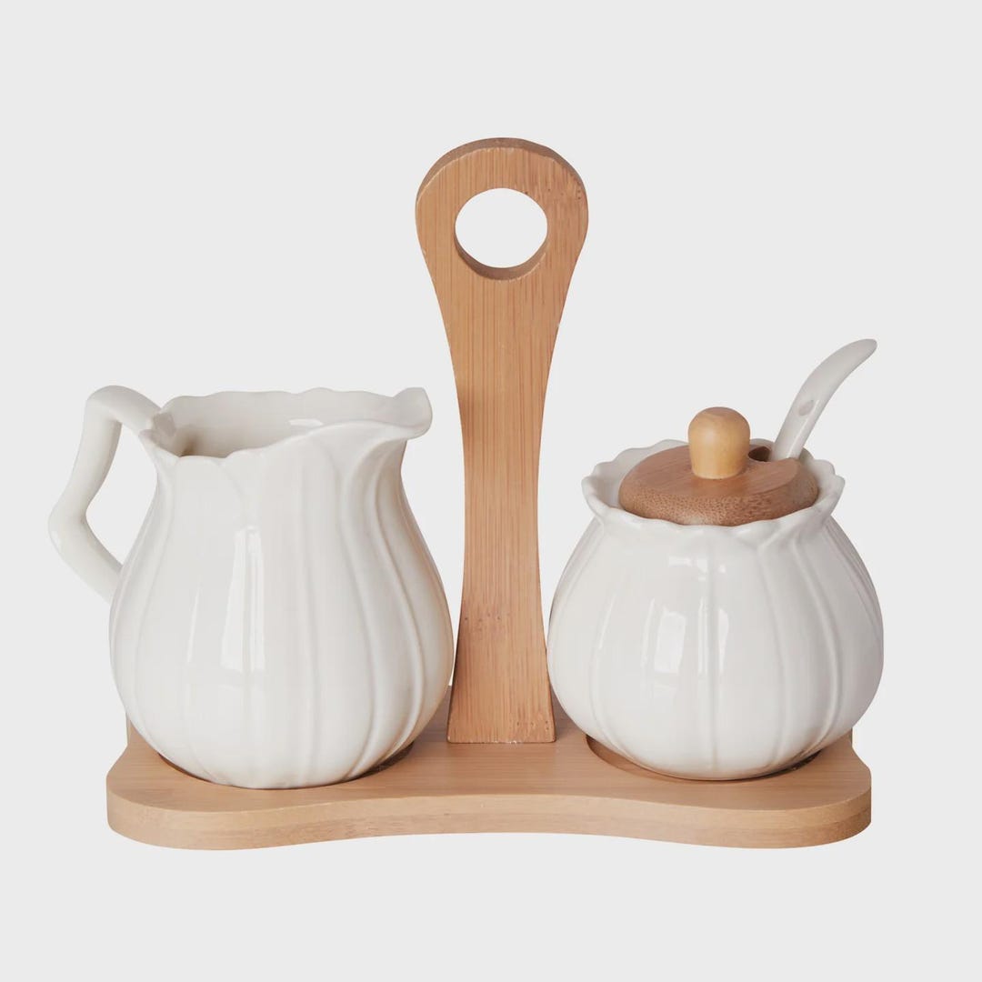 White Porcelain Sugar and Creamer Set With Bamboo Tray - Etsy