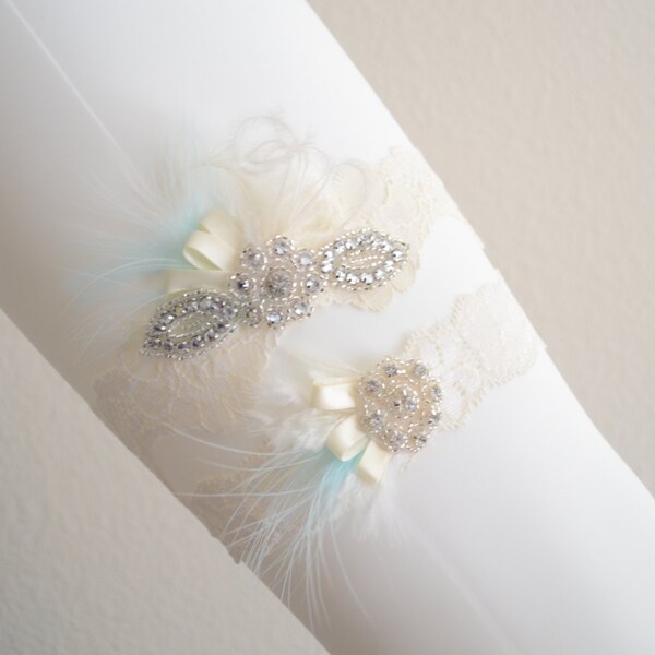 Iets blauw, BESTSELLER, Ivory Kousenband instellen, Lace Kousenband ingesteld, Vintage kousenband, strass, Feather kousenband, stijl B014