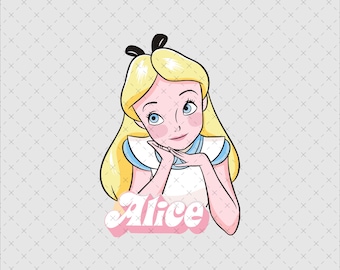May include: A cartoon illustration of Alice from Alice in Wonderland. Alice has blonde hair, blue eyes, and is wearing a white dress with a blue collar. The word "Alice" is written in a pink and white font.