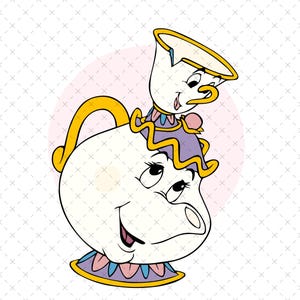 May include: Illustration of two cartoon teacups, one larger and one smaller, in a whimsical style. The larger teacup has a yellow handle and a purple and pink trim. The smaller teacup sits on top, with a matching design. The background is white with a pink circle.