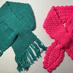 Handmade Crochet Scarf with Fringe – Cozy Pink or Teal Winter Scarf – Soft Chunky Yarn