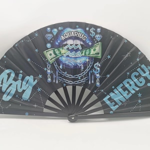 Aquarius Zodiac Clack Fan – Big Energy Glam Folding Fan | Sparkly Astrology Hand Fan | Premade Clack Fan | Aquarius Birthday Gift