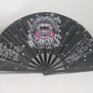 Cancer Zodiac Clack Fan – Big Energy Glam Style | Glitter Black Folding Fan | Astrology Gift | Birthday Gift | Custom Premade Fan