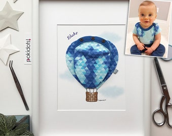 Personalized gift keepsake, custom-made with baby clothes. Unique gift for baby or mom - Baby keepsake (hot air balloon).