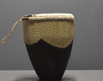 Handmade Tall Hand Drum-Leather Skin w Hair-Wood-Music Instrument-Black Fur