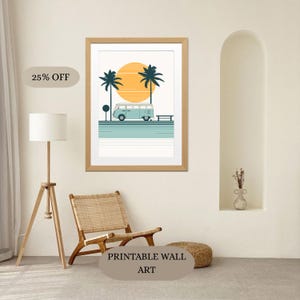 Arte de furgoneta con puesta de sol y palmeras retro / Descarga digital / Decoración de pared imprimible minimalista costera para casa de playa o caravana.