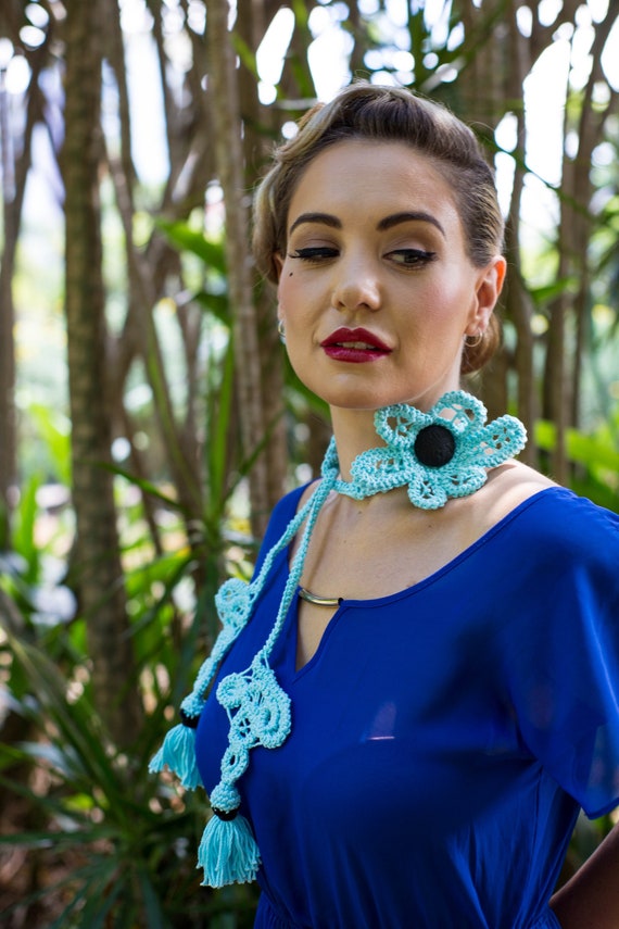 Aqua Blue Polymerclay Fringe Chocker Lariat Jewellery