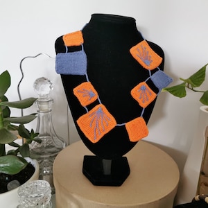 Tunisian Crochet and Romanian Point Lace  Tutorial Geometrical Blue Orange  necklace Pattern - Instant Download