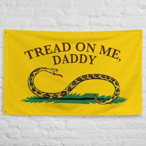May include: A yellow flag with a coiled rattlesnake and the text "Tread on me, Daddy".