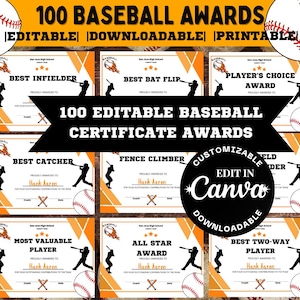 Editable Baseball Award Certificates: 100 Team Awards (Digital Download)