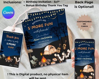 Camping Birthday Invitation: S'mores Bonfire Party (Digital Template)
