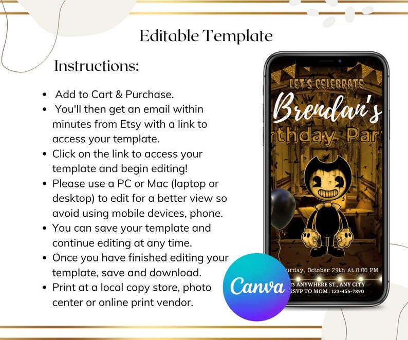 Editable Bendy and the Ink Machine Birthday Invitation: Printable Party ...