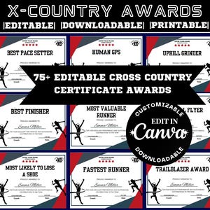 May include: A collection of editable cross country awards with a navy blue background. The awards feature red and white accents, with text such as "Best Pace Setter" and "Fastest Runner." The image also includes the text "Edit in Canva" and "Downloadable Flyer."