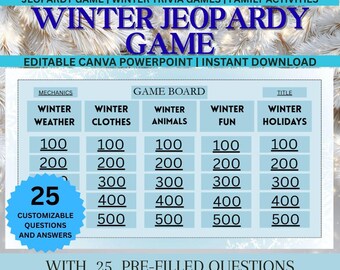 Bewerkbare Winter Jeopardy Game Powerpoint, Activiteit in de klas, Groepsgames, Office Party Game, Wintertrivia, Vragen over gevaar, Canva