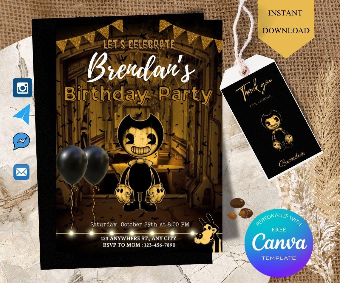 Editable Bendy and the Ink Machine Birthday Invitation: Printable Party ...