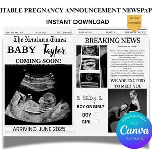 Periódico para anunciar un nuevo bebé, revelar el embarazo y el bebé en camino. Plantilla de periódico editable personalizada para baby shower. Periódico grande para bebés.