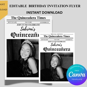 Bearbeitbare Quinceaña Geburtstag Zeitungsvorlage Einladung, große Zeitung, Geburtstag Flyer, Geburtstagsideen, Quinceamodea Girl Party einladen