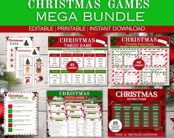 May include: A Christmas games mega bundle with editable, printable, and instant download options. Includes bingo, taboo, friendly feud, roll the dice, trivia, and jeopardy games. Each game features festive designs with red and green accents.